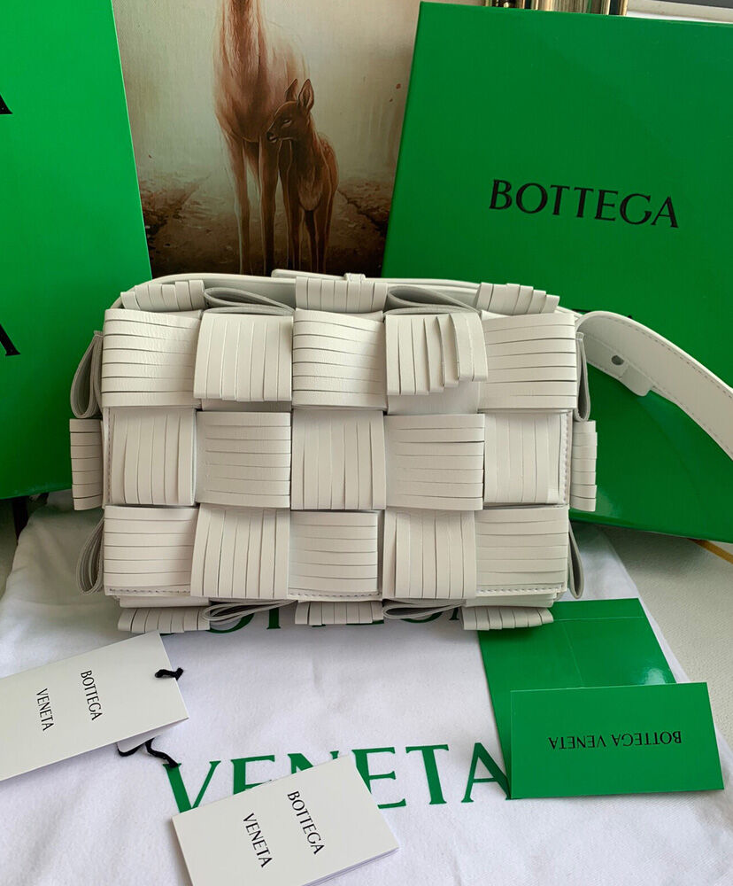 Bottega Veneta Cassette Fringed Intreccio Cross Body Bag Cream